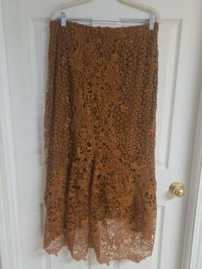 Crochet Lace Maxi Skirt - Rust Brown